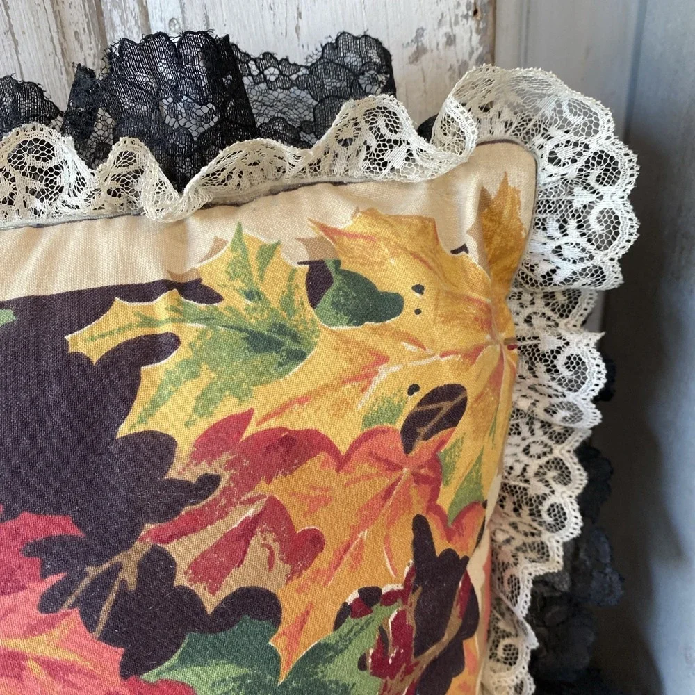 Wamsutta Barn Owl Fabric Black Background Fall Leave Pillow w/Black & White Lace